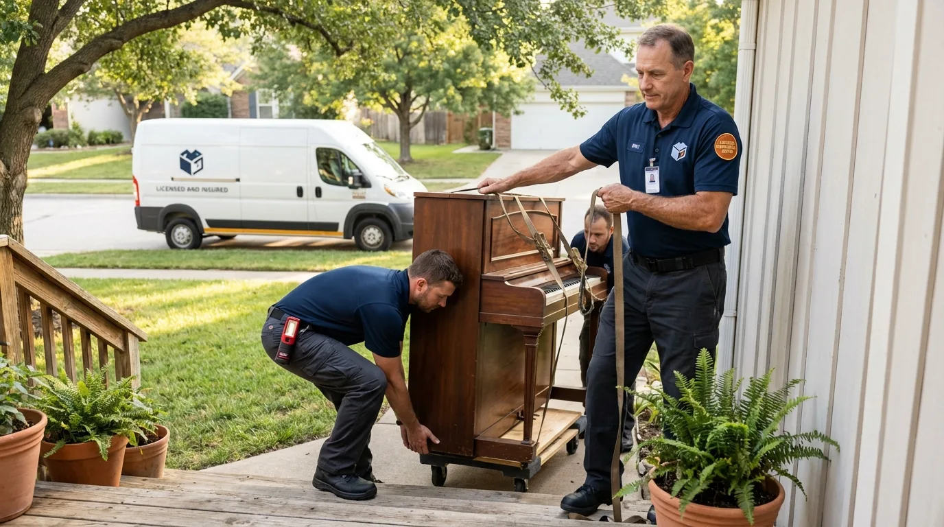 Licensed piano movers securing grand piano in Hurt, VA