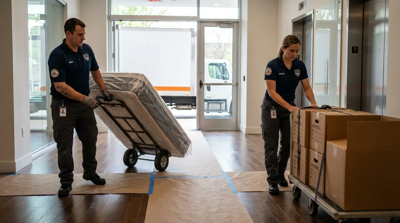 Professional apartment movers loading elevator in Hurt, VA