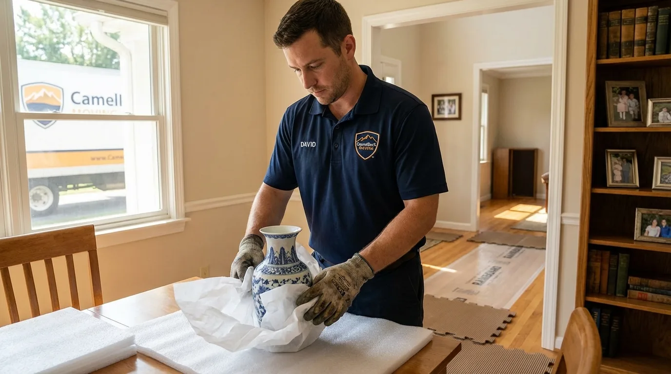 Professional crew carefully wrapping antique vase for senior downsizing move in Hurt, VA